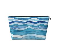 Blue Wave Stripe Prints PVC Leather Travel Toiletry Bag with Silver Zippers, Waterproof Cosmetic Organiser for Makeup, Toiletries & Essentials