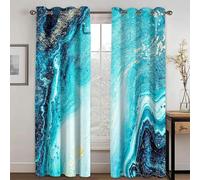 Blue Wave Window Treatments, Abstract Marble 3D Printed Drapes, Darkening Curtains with Top Grommet for Living Bedroom 2 x 70W x 160H cm