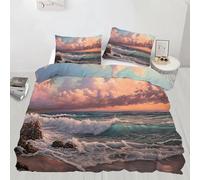 Blue Waves Double Duvet Cover Sets Soft Microfiber Coastal Rocks Bedding Set 3D Printed Quilt Cover 200 x 200 cm with Zipper Closure and 2 Pillowcases ab_292