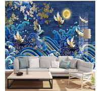 Blue Waves Flying Birds Moon Flowers 3D Wallpaper Premium Textured Silk Study Dining Living Room Bedroom Sofa TV Wall Easy Install-200cm×140cm