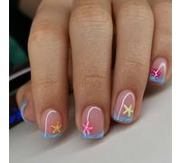 Blue Waves French Press on Nails Short Square Fake Nails Colorful Starfish False Nails Cute Red Yellow Starfish French Design Artificial on Nails for Women Girls DIY Ocean Manicure Decoration 24Pcs