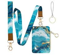 Blue Waves Leather Badge Holder with Zipper Pocket, Sea Work Lanyards and 1 Zip Pocket and 4 Card Slots, Gamer Breakaway Lanyards with Metal Clasp for Boys, Adult, Teachers