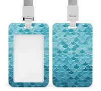 Blue Waves Squama Mermaid Scale Badge Holders with Push-Pull Slot&Lanyard Waterproof Plastic Vertical Work ID Card Holder Portable Travel Document Protector Detachable Card Protector
