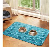 Blue Waves Squama Mermaid Scale Pet Feeding Mat 30x45cm, Absorbent Dog Mat for Food and Water Bowl, PU Leather Cat Food Mat Waterproof Dog Bowl Mats Quick Dry Pet Placemats-No Stains