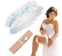 Blue Wedding Garter Bridal Garter Ribbon Decorated with Piece, Bow and Noble Heart Made of Bglitini, Bridal Garters Gift, Handmade with Box
