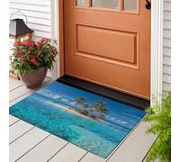 Blue Welcome Door Mat Outdoor Indoor, Tropical Island Palm Trees Soft Non Slip Low-Profile Carpet, Nature Vacation Rug for Entrance Patio High Traffic Areas, 50 x 80 cm