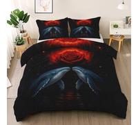 Blue Whale Duvet Cover Set Twin Size, Starry Night Bedding Set, Red Rose Comforter Cover with 2 Pillow Shams, Comfy Breathable Lightweight Natural Romance Comforter Cover