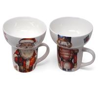 Blue Whale Gifts Christmas Santa and Nutcracker Stacking Ceramic Bowl and Mug Set - 4 Piece Set