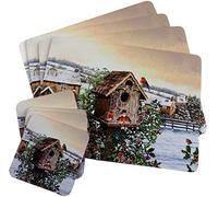 Blue Whale Gifts Robin Family Christmas Dinner Hardback Placemats And Coasters (Set of 4)
