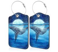 Blue Whale in The Ocean Luggage Tags 2 PCS Leather Suitcases Tag with Stainless Steel Loop and Name ID Address Card Label Privacy Cover for Women Men Travel Bag Suitcase