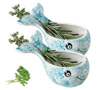 Blue Whale Pottery Herb Stripper Bowl, Blue Whale Pottery Herb Tools Multi Round Hole Sizes Leaf Peeler Tool Efficient Herbs Stripper for Kitchen Leaf Removal Assembly, Glazed for Easy Claen (2PCs)