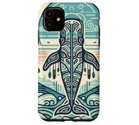 Blue Whale Rises Beneath a Swirling Sun and Patterned Waves Case for iPhone 11