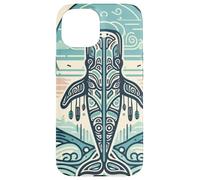 Blue Whale Rises Beneath a Swirling Sun and Patterned Waves Case for iPhone 15