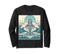 Blue Whale Rises Beneath a Swirling Sun and Patterned Waves Long Sleeve T-Shirt