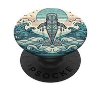 Blue Whale Rises Beneath a Swirling Sun and Patterned Waves PopSockets Adhesive PopGrip