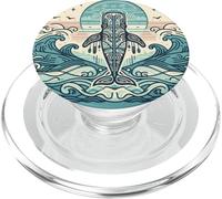 Blue Whale Rises Beneath a Swirling Sun and Patterned Waves PopSockets PopGrip for MagSafe