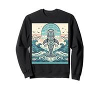 Blue Whale Rises Beneath a Swirling Sun and Patterned Waves Sweatshirt