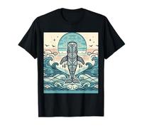 Blue Whale Rises Beneath a Swirling Sun and Patterned Waves T-Shirt