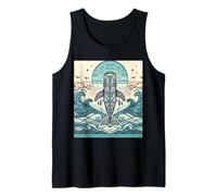 Blue Whale Rises Beneath a Swirling Sun and Patterned Waves Tank Top