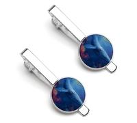 Blue Whale Swimming Coral Reefs Ocean Men's Tie Clips Necktie Bar Pinch Clip Set of 2 Formal Business Wedding Accessories