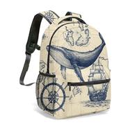 Blue Whale Vintage Nautical Map 16 Inch Backpack Ancient Sailing Ship Compass Illustration 360 Full Print Maritime Adventure Bag (01)