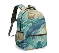 Blue Whale Vintage Nautical Map 16 Inch Backpack Ancient Sailing Ship Compass Illustration 360 Full Print Maritime Adventure Bag (03)