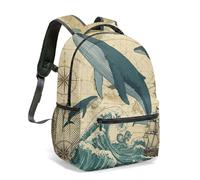Blue Whale Vintage Nautical Map 16 Inch Backpack Ancient Sailing Ship Compass Illustration 360 Full Print Maritime Adventure Bag (02)