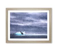Blue Whale With Ocean Scene In Abstract Modern Art Framed Print | A4 Oak Framed Wall Art | Ready to Hang | Abstract Animal Picture | Living Room Bedroom Lounge Office