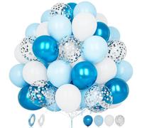 Blue White Balloons, 60 pcs 12 Inch Matte Blue White Metallic Blue Silver Confetti Latex Balloons with Ribbon For Girls Boys Birthday Baby Shower Wedding Anniversary Gender Reveal Party Decorations
