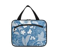 Blue White Boho Flowers Bloom Hanging Cosmetic Travel Bag with Hook, Designer Multifunctional Skincare Bag for Women Must Backpacking maletín para maquillaje L