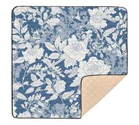 Blue White Boho Flowers Bloom Soft Foam Baby Play Mat for Indoor Outdoor Washable Baby Kick Crawling Mat for Babies Infants Toddlers, 50'' x 50''