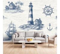 Blue White Brick Wall Lighthouse Photo Wallpaper Bedroom 150 x 105 cm | Wall Mural Navigation American Country Sketch for Living Room Non-Woven for Kids Bedroom Playroom Premium Print