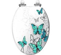 Blue White Butterflies Resin Toilet Seat with Quietly Close Quick Release Hinges, Decorative Toilet Lid for U/V/O Type 10-20cm Installation Hole