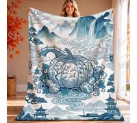 Blue White Chinoiserie Pumpkins Landscape Autumn Throw Blanket 60x80 Inch