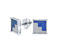 Blue White Cubic Zirconia Micro Pave CZ Square Stud Earrings For Men Simulated Sapphire Sterling Silver Screw back 9MM