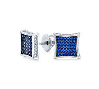 Blue White Cubic Zirconia Micro Pave CZ Square Stud Earrings For Men Simulated Sapphire Sterling Silver Screw back 9MM