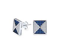 Blue White Cubic Zirconia Micro Pave Geometric CZ Pyramid Square Stud Earrings For Men .925 Sterling Silver 11MM