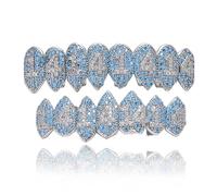 Blue & White CZ Diamond Gold Plated Hip Hop Grillz - Top & Bottom Adjustable Iced Out Teeth Grills for Party & Performance(Platinum Set)