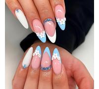 Blue White Diamond Nude Pink Long Stiletto Press On Nails With 3D Flower Embellishments Rhinestone Details Glossy Modern French Tip - 24 PCS Artificial Nails For Women Special Occasions Parties