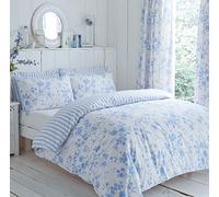 Blue White Floral Reversible Polycotton Duvet Cover Set Curtains Pillow Cases (King Size)