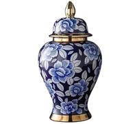 Blue & White Ginger Jar - Decorative Porcelain & Brass Temple Jar with Lid Elegant Flower Vase & Tea Storage (5.5" W x 10.2" D x 19.7" H)