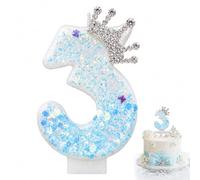 Blue White Ice Crown 3 Birthday Candle, Cute Sparkling 3 Birthday Candle