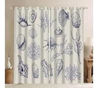 Blue & White Nautical Curtains, Elegant Beach Coastal Hand-Drawn Marine Life Shell Coral Sea Life Window Drapes Insulated Grommets Curtains for Living Room Home Decor, W46.2 x L54.3 x 2 Panels