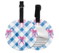 Blue White Plaid Round Luggage Tag Pink Bow PU Leather Travel Bag Tag ID Labels Name Card Holder wtih Buckle for Luggage Suitcase Backpacks