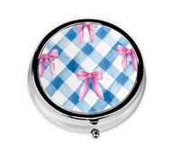 Blue White Plaid Small Pill Box 3 Compartment Portable Pill Box for Purse Pocket Pink Bow Mini Medicine Organiser for Daily Vitamin Fish Oil Storage
