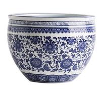 Blue & White Porcelain Planter, Chinese Floral Ceramic Fish Bowl Plant Pot, Classic Oriental Chinoiserie Vase Planter for Indoor Outdoor Succulents & Bonsai(Wm(Drilling Holes),11cm)