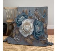 Blue White Roses Throw Blanket, Vintage Luxury Print Flannel Throw Blanket, Multi-Color Soft Flannel Blankets for Home Bedroom Couch Bed Decor 150x200cm