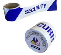 Blue/white SECURITY high-visibility, non-adhesive plastic barrier tape. 100% recyclable. Hazard warning cordon tape. Handy 20M roll