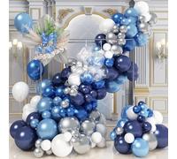 Blue White Silver Balloon Arch Kit, Navy Blue Silver White Balloon Garland with Metallic Dark Blue Light Blue Silver Balloons for Boys Men Birthday Baby Shower Graduation Wedding Party Decorations
