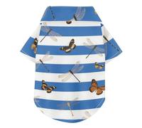 Blue White Striped Butterfly Dragonfly Summer Pet Dog Shirt Button Up Lightweight and Breathable Pet Summer T-Shirts Puppy Sweatshirt Perfect for Everyday Wear, and Photoshoots